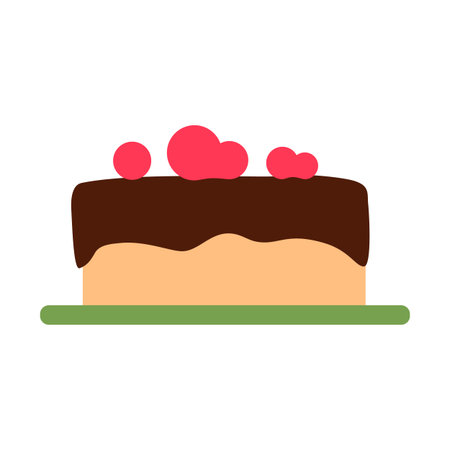 Chocolate cake with strawberry flat icon. Colorful festive flat sweet tasty object isolated on white...