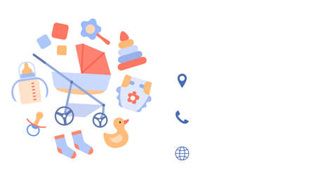 Baby store visit business discount card design template. Colorful flat horizontal identity on white background. Kids things rattle, diaper stroller, toy. Contact, mobile phone, web vector illustrationのイラスト素材