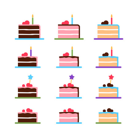 Colorful cake slices set on white background. Baked frosted Birthday treat piece collection....