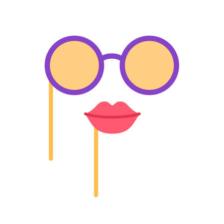 Birthday mask flat icon isolated on white background. Holiday color glasses and lips. Party carnival element invitation banner poster design. Fun eyeglasses for costume decoration vector illustration.のイラスト素材