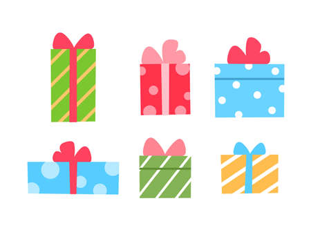 Gift box flat icons set on white background. Colorful present with ribbon and bow. Celebration festive holiday birthday party element design. Modern minimal prize package. Surprise vector illustrationのイラスト素材