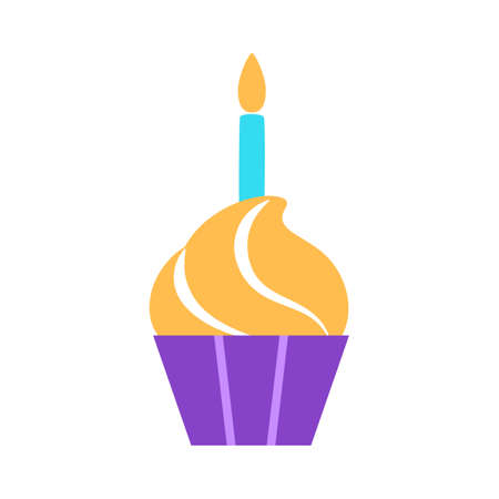 Birthday cupcake flat icon with burning candle. Colorful vanilla muffin decorated swirl whipped cream. Sweet festive dessert. Tasty homemade snack in cup. Flat minimal treat design vector illustrationのイラスト素材