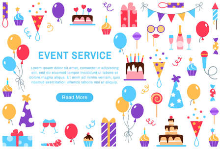 Event service background with text space. Birthday party carnival festival celebration banner with fun colorful flat elements cake gift box balloons wine champagne hat muffin candy vector illustrationのイラスト素材