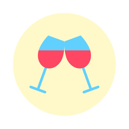 Flat two red wine glasses in yellow circle icon isolated on white background.のイラスト素材