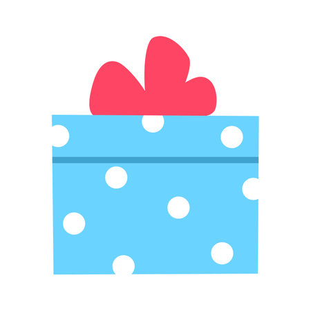 Blue present flat icon isolated on white background. Color gift box with pink ribbon. Festive birthday party shopping discount offer element design. Retro minimal package surprise vector illustration.のイラスト素材