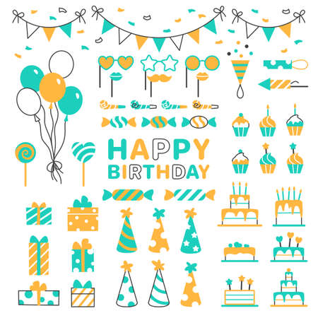 Birthday party flat line icons set. Color anniversary elements on white background for carnival event celebration invitation banner, card design. Gift box balloon birthday cake hat vector illustrationのイラスト素材
