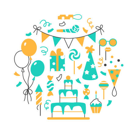 Birthday party circle flat line concept on white background. Color greeting card, invitation decoration abstract minimal design. Event objects cake with candles gift muffin hat vector illustration.のイラスト素材