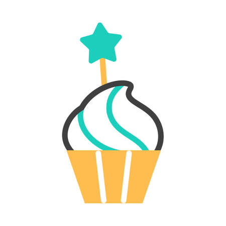 Cupcake flat line icon with candy. Color birthday party muffin decorated swirl whipped buttercream. Sweet festive dessert. Tasty homemade snack.のイラスト素材