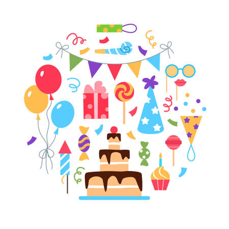 Event service or birthday party circle concept on white background. Flat holiday management design. Dinner marriage wedding celebration arrangement business. Beautiful cake balloon vector illustrationのイラスト素材