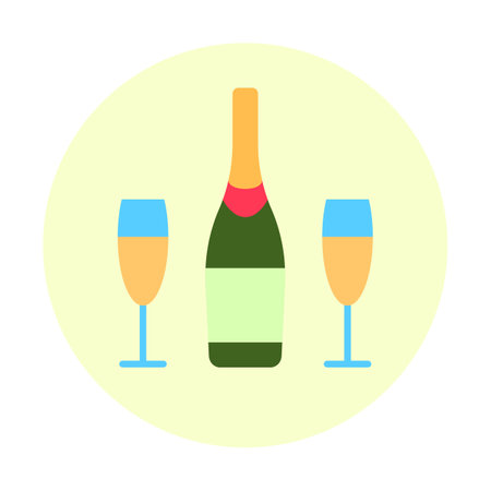 Champagne bottle and two glasses flat line circle icon isolated on white background. Beverage with cork for romantic party event celebration minimal design Abstract alcoholic drink vector illustrationのイラスト素材