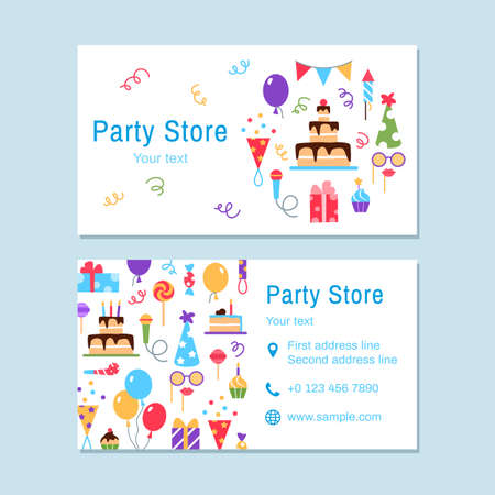 Party store business card template. Event service visit card design. Bright colorful celebrating flat elements for birthday party carnival festival. Fun cake mask balloon muffin vector illustration.のイラスト素材