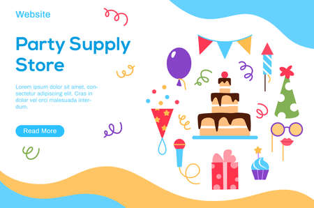 Party supply store landing page with Birthday party circle concept on white background. Colorful website template design. Bright event elements cake gift cupcake balloons. Web page vector illustrationのイラスト素材