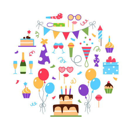Event service concept on white background. Flat holiday management circle design. Birthday party dinner wedding celebration arrangement business. Gift cake balloons treat food vector illustration.のイラスト素材