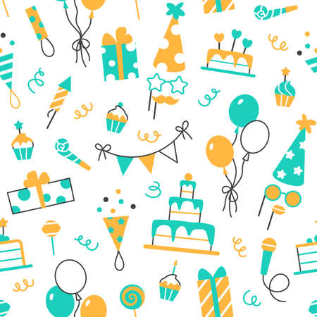 Birthday seamless flat line pattern design. Minimal color festive party elements on white background. Abstract balloon muffin present cake. Wrapping paper or wallpaper repeat tile vector illustration.のイラスト素材