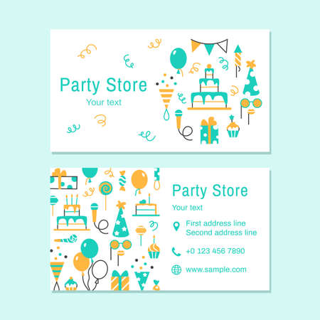 Party Store color business card template. Event service visit card design. Bright celebrating flat line elements for birthday carnival festival. Fun cake slice balloon candy gift vector illustration.のイラスト素材