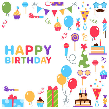 Happy Birthday background. Greeting card invitation concept design with text space. Anniversary celebration holiday event. Festive graphic element birthday cake balloon present hat vector illustrationのイラスト素材