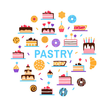 Pastry shop circle concept on white background. Colorful elements with text. Danish pastries patisserie for cafe restaurant menu banner design. Cake donut bun cookie croissant pie vector illustration.のイラスト素材