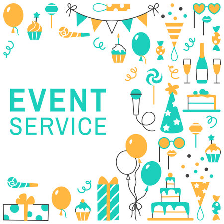 Event service flat line frame with space for text. Concept on white background. Abstract holiday management minimal design. Birthday party celebration arrangement business elements vector illustrationのイラスト素材