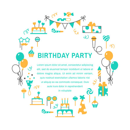 Birthday party color flat line circle frame with text space. Festive bright holiday party design. Balloon muffin birthday cake hat on white background Minimal greeting card concept vector illustrationのイラスト素材