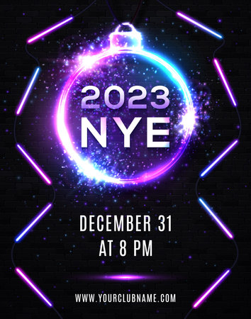2023 New Year Eve Party Celebration Poster Template. Neon Lights Line Bulb Number and Christmas Ball on Black Brick Background. Bright Neon Holiday Vector Illustration with Glowing Decorative Frame.のイラスト素材