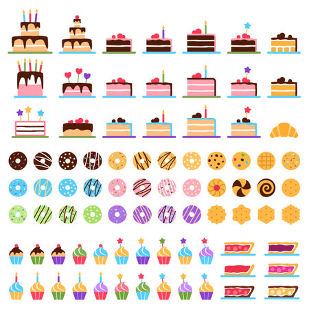 Pastry elements set on white background. Tasty baked healthy dessert collection. Flat biscuit cake donut cookie muffin chocolate pie croissant puff. Cartoon sweet snack french food vector illustrationのイラスト素材