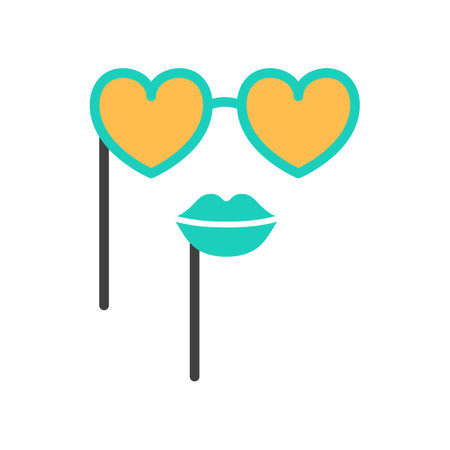Flat line Birthday or carnival mask icon isolated on white background. Color holiday heart shape glasses and lips. Love party element invitation design. Fun eyeglasses for costume vector illustration.のイラスト素材