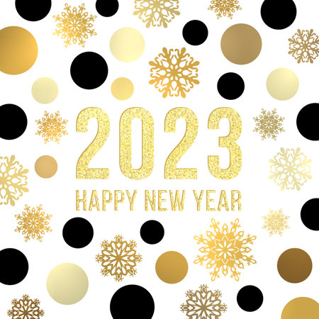 2023 Happy New Year background. Golden black circles snowflakes glittering glowing gold celebrating text. Abstract greeting card design template. Bright shining New Year decoration vector illustrationのイラスト素材