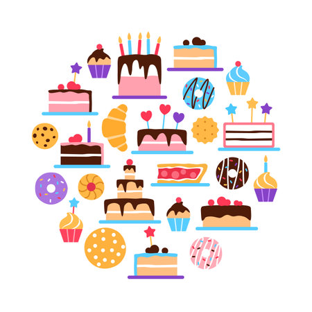 Pastry circle flat concept on white background. Colorful elements. Danish pastries patisserie for cafe restaurant menu banner design. Cake donut bun cookie croissant pie slice vector illustration.のイラスト素材