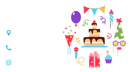 Party store business card template. Event service visit card design. Bright colorful celebrating flat elements for birthday carnival festival. Fun muffin cake mask balloon rocket vector illustration.のイラスト素材