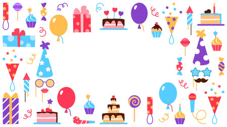 Party store business card template. Holiday Birthday event service visit card design. Bright colorful celebration background with flat elements for carnival festival. Cake balloon vector illustration.のイラスト素材