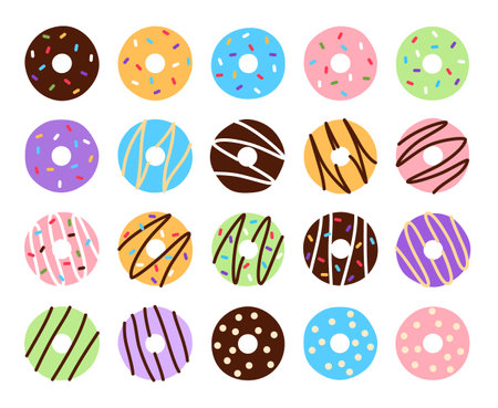 Flat colorful donuts set on white background. Top view. Fat unhealthy baked frosted cream dessert treat. Pink chocolate topping doughnut collection. Fresh decorated assorted snack vector illustration.のイラスト素材