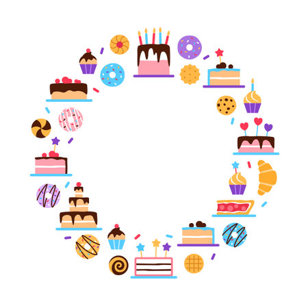 Pastry circle frame with text space on white background. Flat colorful elements border. Danish pastries patisserie for cafe restaurant menu design. Cake donut croissant pie slice vector illustration.のイラスト素材