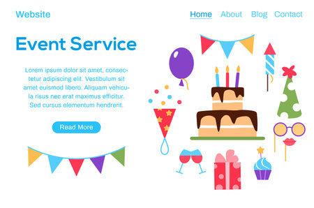Event service web page template with button text space. Birthday party carnival festival celebration internet banner with fun colorful flat elements cake balloons muffin. Website vector illustration.のイラスト素材