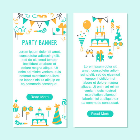 Birthday party flat line banner with text space and button. Event party carnival festival celebration background with abstract minimal color elements cake gift balloons muffin hat vector illustration.のイラスト素材