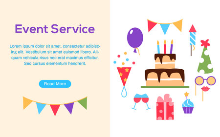 Event service web page with text space button. Birthday party carnival festival celebration banner or background with fun colorful flat elements cake present balloons cupcake candy vector illustrationのイラスト素材