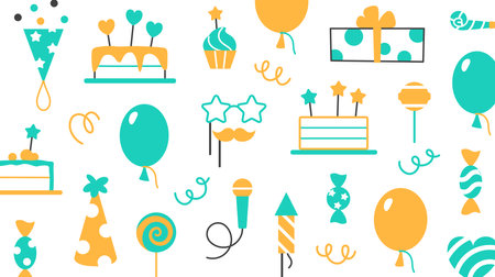 Party store business card cover template. Event service visit card design. Minimal abstract color celebrating flat elements for birthday carnival festival. Fun muffin cake balloon vector illustration.のイラスト素材