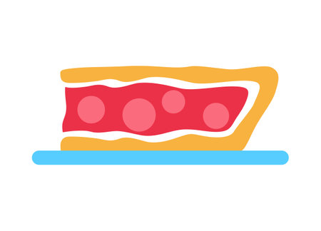 Pie slice on plate with strawberry filling isolated on white background. Delicious baked treat piece with berry. Abstract fruit bakery sign. Flat bright pastry. Minimal food design vector illustrationのイラスト素材
