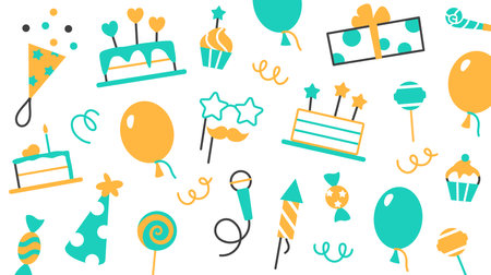 Party store flat line business card template. Event service visit card design. Bright celebrating color elements for birthday carnival festival. Fun cake balloon muffin gift box vector illustration.のイラスト素材