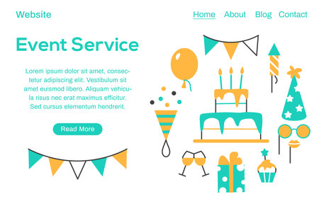 Event service flat line web page template with button text space. Birthday party carnival festival celebration internet banner with fun color elements cake balloon cupcake. Website vector illustrationのイラスト素材