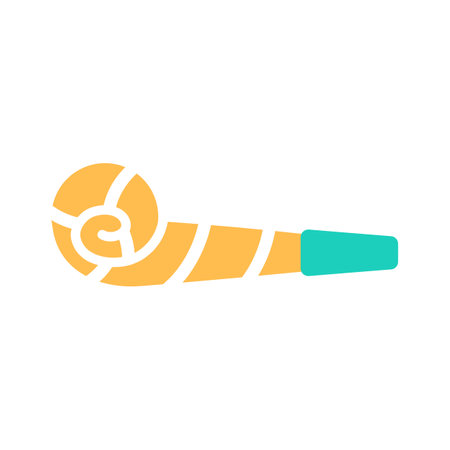 Color Birthday whistle flat icon isolated on white background. Striped yellow event decoration design. Abstract minimal anniversary celebration toy. Fun party blowing noisemaker vector illustration.のイラスト素材