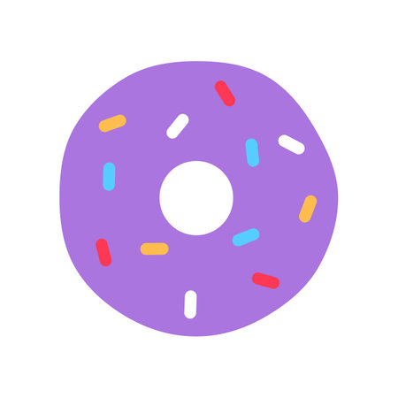 Flat purple glazed donut decorated with colorful sprinkles. Tasty baked unhealthy frosting dessert isolated on white background. Doughnut top view logo Delicious junk food creative vector illustrationのイラスト素材