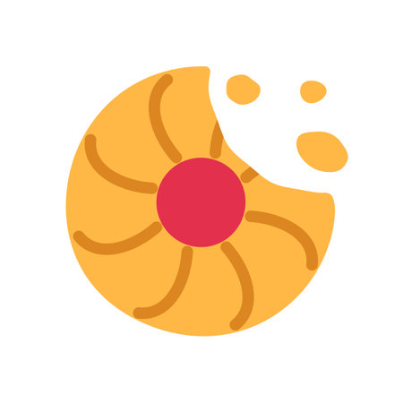 Cookie with strawberry filling and crumb flat icon isolated on white background. Traditional baked treat with berry jam symbol. Homemade meal design. Broken sweet snack. Dessert vector illustration.のイラスト素材