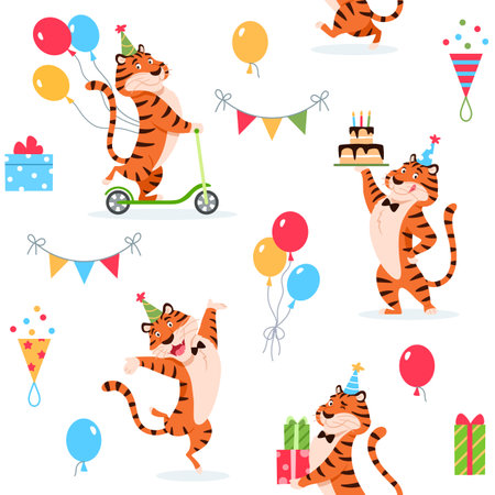 Cartoon Birthday tigers seamless pattern on white background. Cute wild cat print for kids decoration design. Colorful beautiful wrapping paper textile fabric repeat tile. Creative vector illustrationのイラスト素材