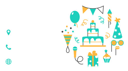 Party supplies flat line business card design template. Event service visit card with text space. Modern creative layout. Color celebrating identity for birthday carnival festival vector illustration.のイラスト素材