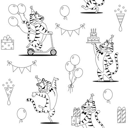 Cartoon Birthday tigers seamless pattern. Black and white outline cute wild cat print for kids decoration design. Coloring page wrapping paper textile fabric repeat tile. Creative vector illustrationのイラスト素材
