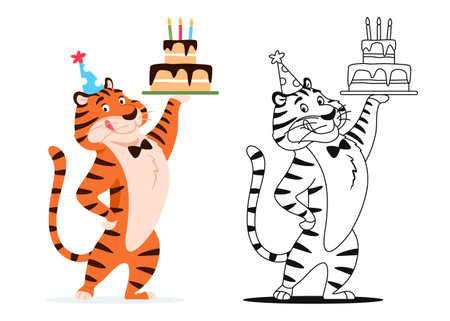 Coloring book. Funny cartoon tiger with Birthday cake on white background. Cute animal character for kids preschool activity. Black and white outline worksheet design Coloring page vector illustrationのイラスト素材