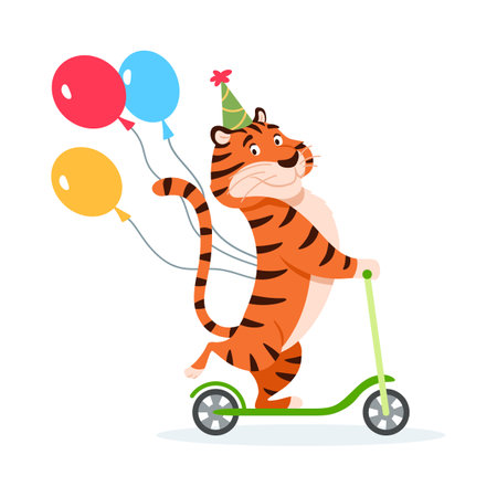 Happy cartoon tiger in Birthday hat rides a kick scooter. Holiday wild cat with colorful balloons isolated on white background. Adorable orange striped character. Animal vector illustrationのイラスト素材