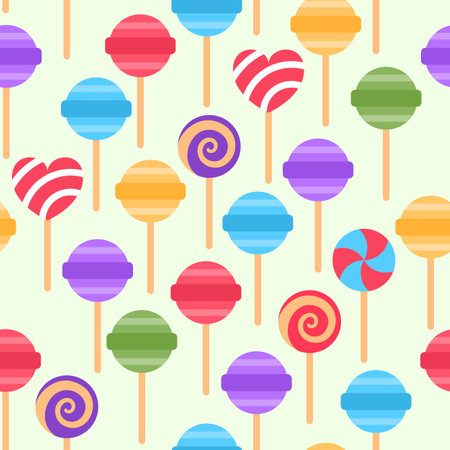 Colorful lollipop seamless pattern on yellow background. Bright fun holiday sweet repeat tile design. Party treat food wallpaper. Stick candy wrapping paper. Bonbon fabric art vector illustration.のイラスト素材