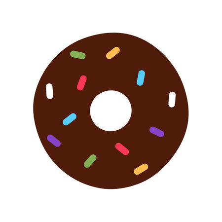 Flat chocolate glazed donut isolated on white background with colorful sprinkles. Tasty baked unhealthy dessert closeup object. Brown doughnut with frosting top Yummy treat design vector illustration.のイラスト素材