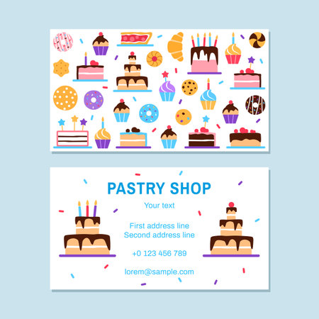 Pastry shop visit card template. Baked healthy food business card design. Bright colorful flat baked tasty elements donut cake cupcake croissant for confectionery sweet shop cafe vector illustration.のイラスト素材